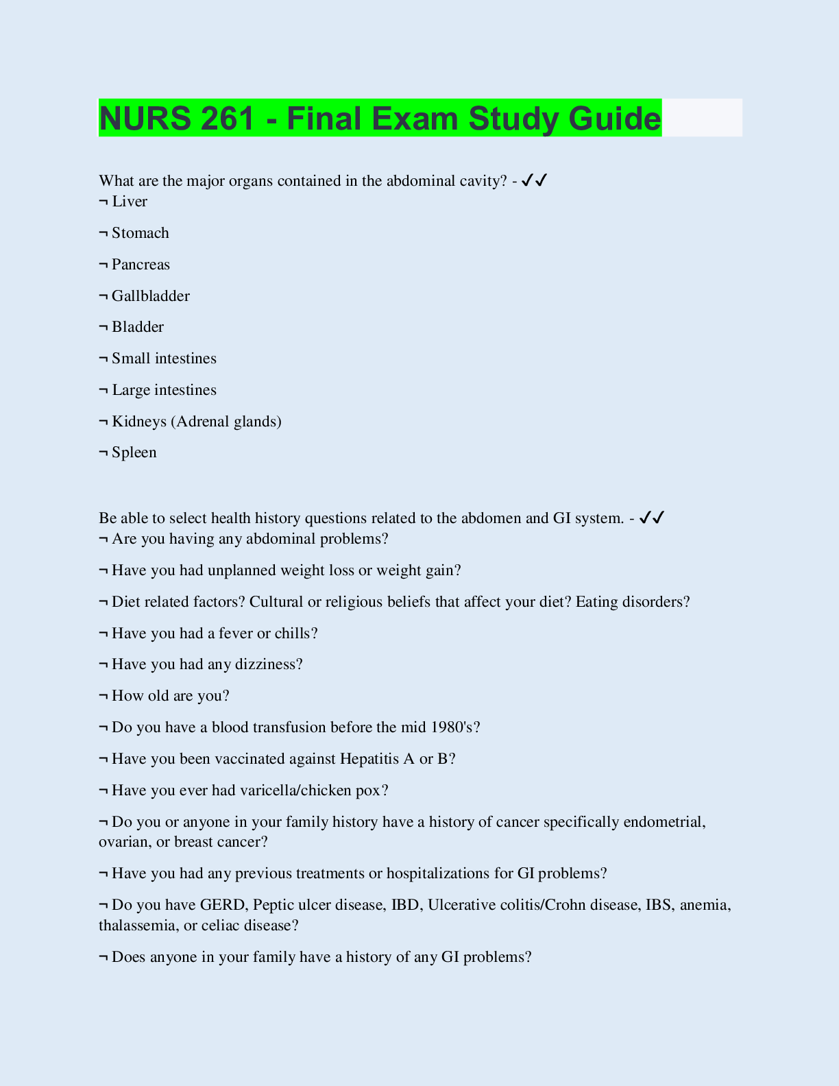 Preview image of NURS 261 - Final Exam Study Guide document